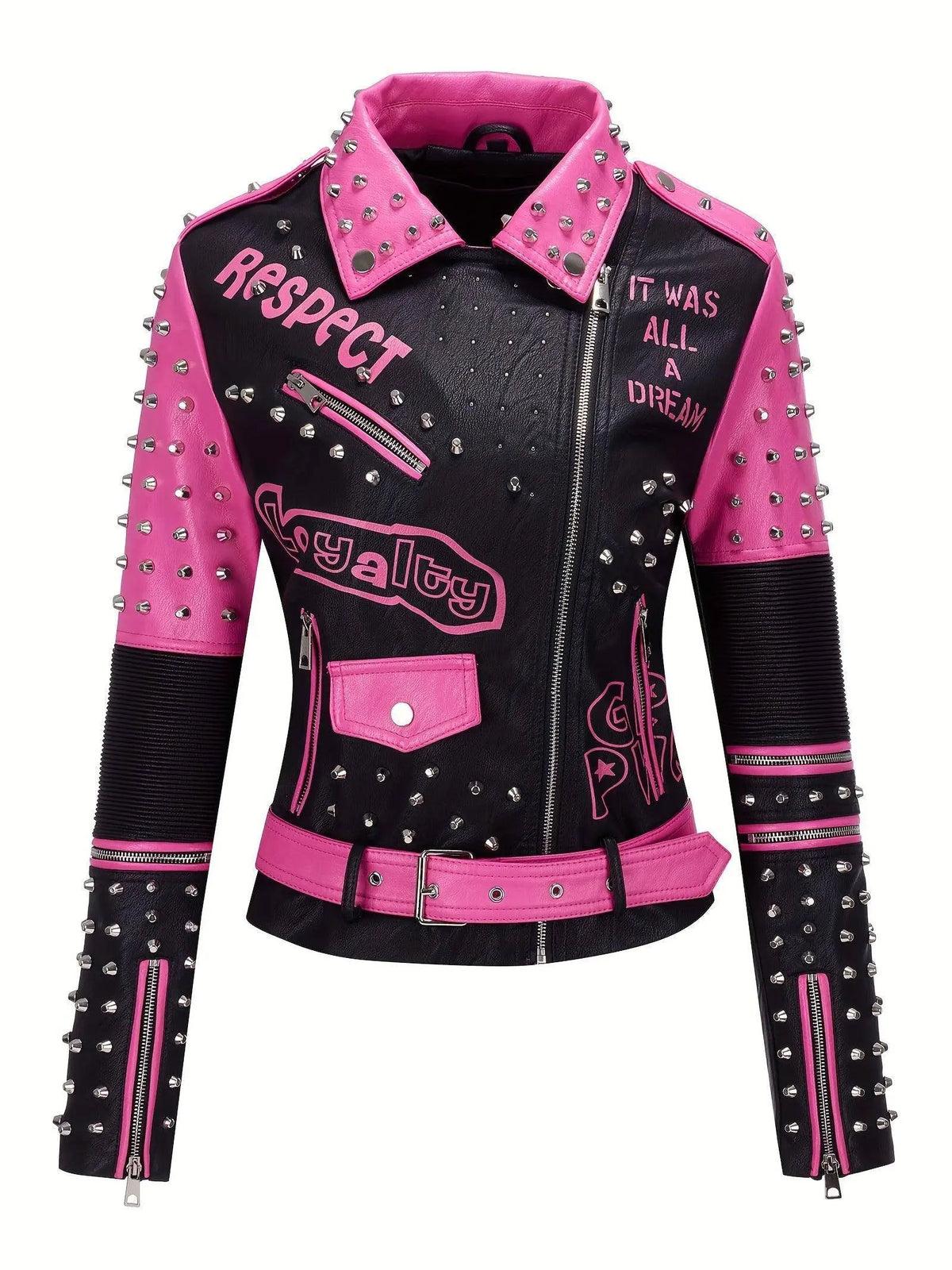 Women's Faux Leather for Moto Jacket with Rivet Detail - Casual Long Sleeve Biker Coat, Waterproof, Zip-Up, Perfect for Spring/Fall SS69