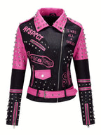 Women's Faux Leather for Moto Jacket with Rivet Detail - Casual Long Sleeve Biker Coat, Waterproof, Zip-Up, Perfect for Spring/Fall SS69