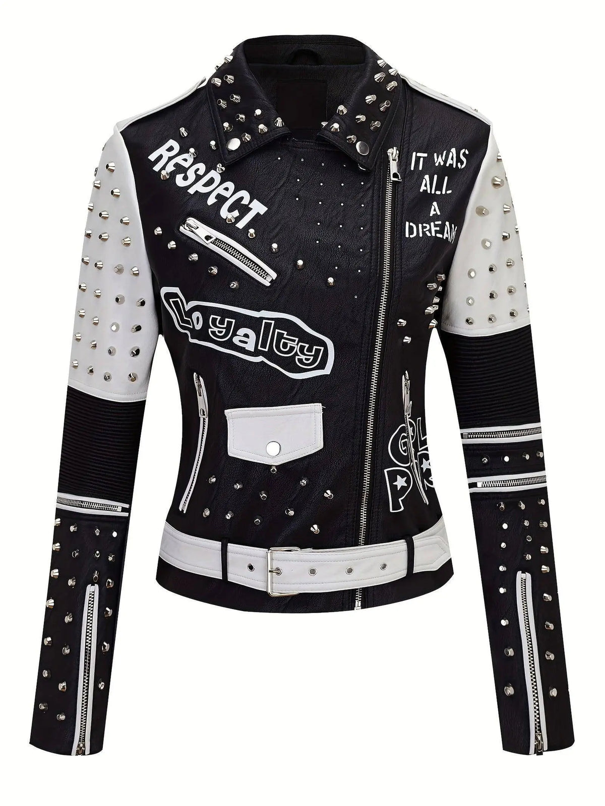 Women's Faux Leather for Moto Jacket with Rivet Detail - Casual Long Sleeve Biker Coat, Waterproof, Zip-Up, Perfect for Spring/Fall SS69