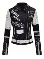 Women's Faux Leather for Moto Jacket with Rivet Detail - Casual Long Sleeve Biker Coat, Waterproof, Zip-Up, Perfect for Spring/Fall SS69