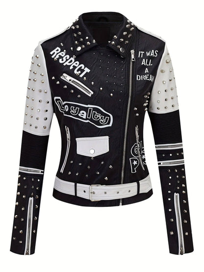 Women's Faux Leather for Moto Jacket with Rivet Detail - Casual Long Sleeve Biker Coat, Waterproof, Zip-Up, Perfect for Spring/Fall SS69