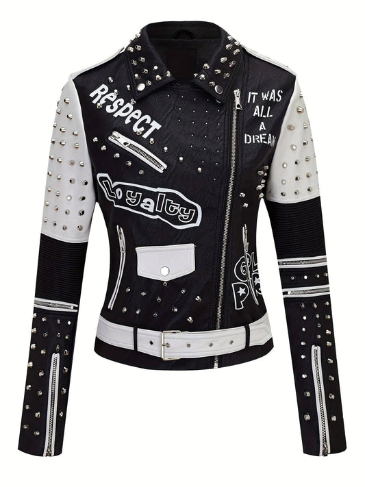 Women's Faux Leather for Moto Jacket with Rivet Detail - Casual Long Sleeve Biker Coat, Waterproof, Zip-Up, Perfect for Spring/Fall SS69