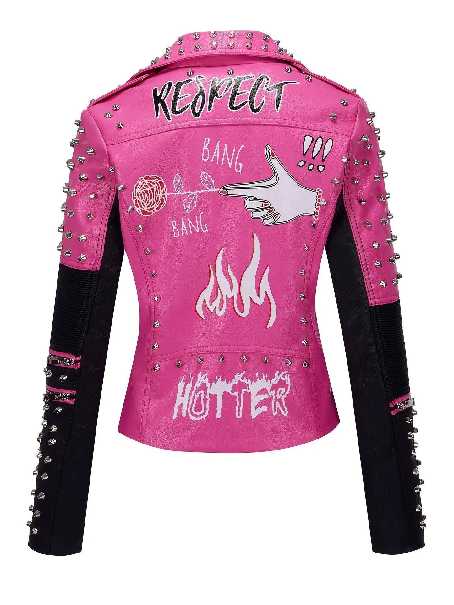 Women's Faux Leather for Moto Jacket with Rivet Detail - Casual Long Sleeve Biker Coat, Waterproof, Zip-Up, Perfect for Spring/Fall SS69