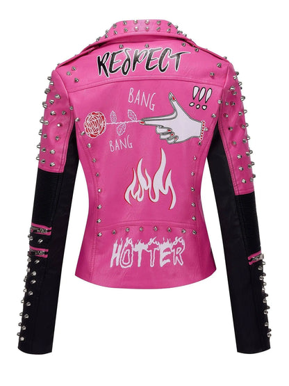 Women's Faux Leather for Moto Jacket with Rivet Detail - Casual Long Sleeve Biker Coat, Waterproof, Zip-Up, Perfect for Spring/Fall SS69