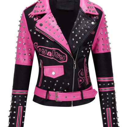 Women's Faux Leather for Moto Jacket with Rivet Detail - Casual Long Sleeve Biker Coat, Waterproof, Zip-Up, Perfect for Spring/Fall SS69