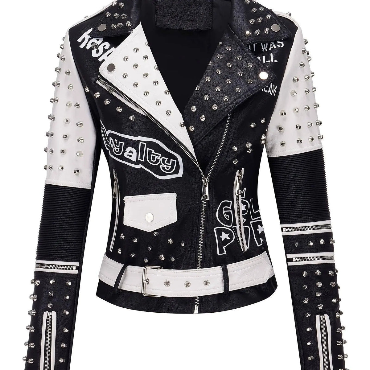 Women's Faux Leather for Moto Jacket with Rivet Detail - Casual Long Sleeve Biker Coat, Waterproof, Zip-Up, Perfect for Spring/Fall SS69