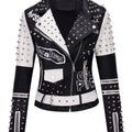 Women's Faux Leather for Moto Jacket with Rivet Detail - Casual Long Sleeve Biker Coat, Waterproof, Zip-Up, Perfect for Spring/Fall SS69