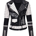 Women's Faux Leather for Moto Jacket with Rivet Detail - Casual Long Sleeve Biker Coat, Waterproof, Zip-Up, Perfect for Spring/Fall SS69
