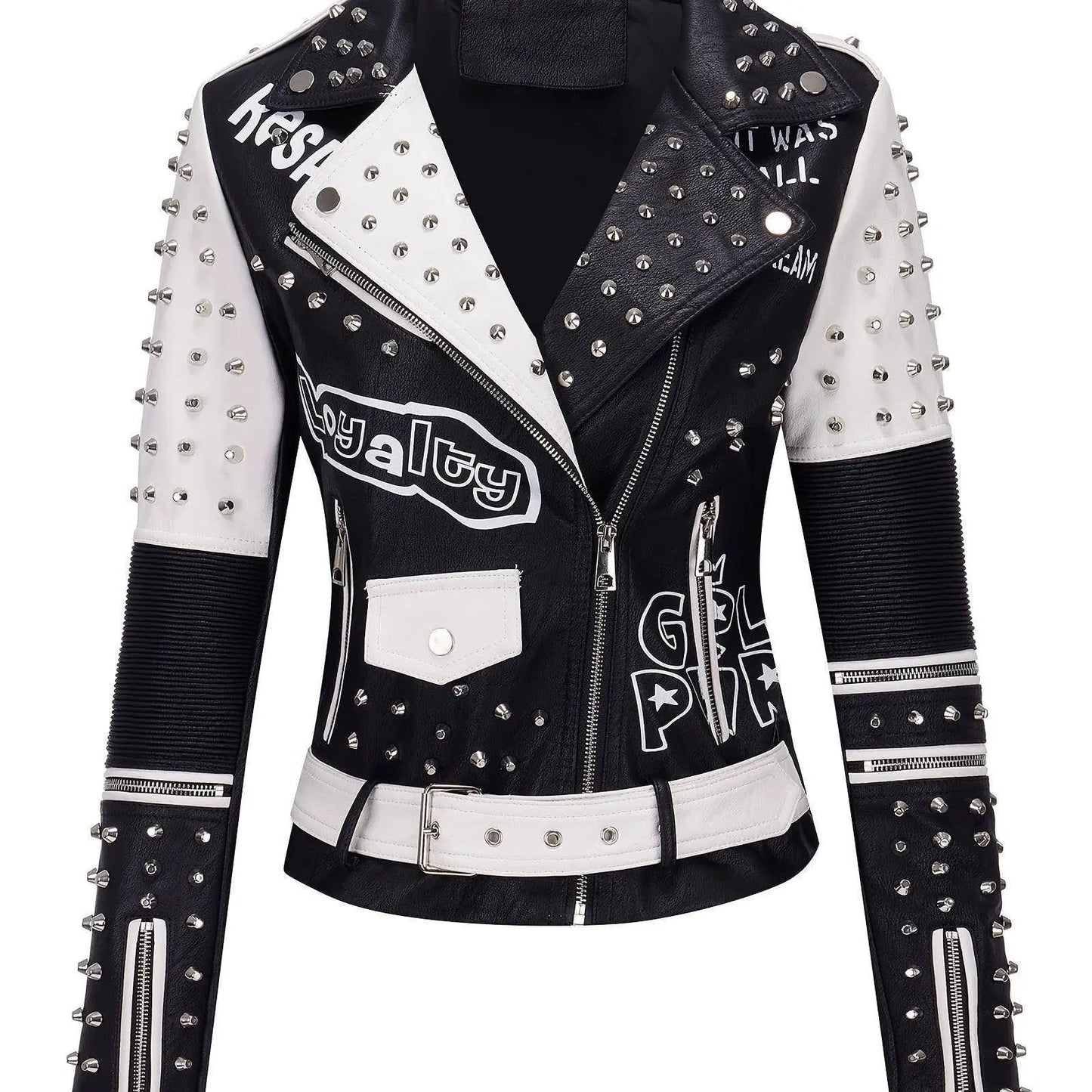 Women's Faux Leather for Moto Jacket with Rivet Detail - Casual Long Sleeve Biker Coat, Waterproof, Zip-Up, Perfect for Spring/Fall SS69