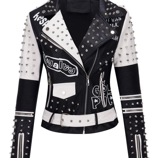 Women's Faux Leather for Moto Jacket with Rivet Detail - Casual Long Sleeve Biker Coat, Waterproof, Zip-Up, Perfect for Spring/Fall SS69