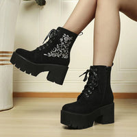 Women's Floral Embroidered Boots, Side Zipper Platform Punk Ankle Boots, Trendy Chunky Heel Casual Boots SS69