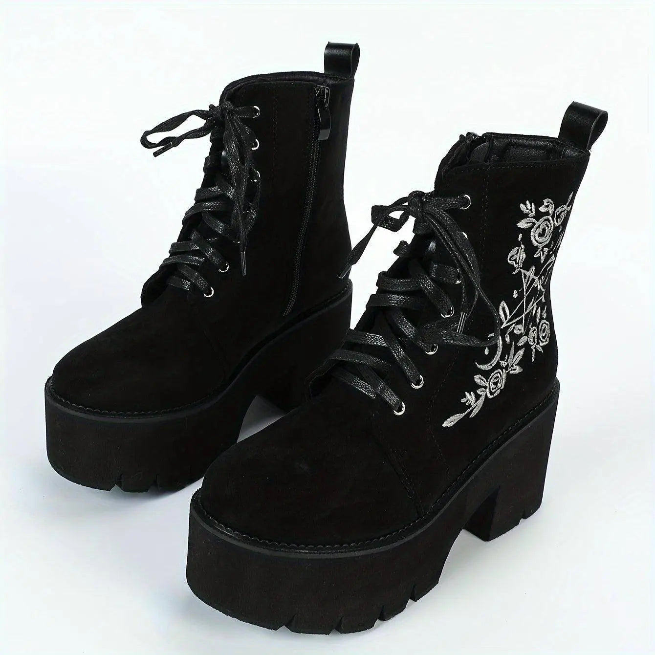 Women's Floral Embroidered Boots, Side Zipper Platform Punk Ankle Boots, Trendy Chunky Heel Casual Boots SS69