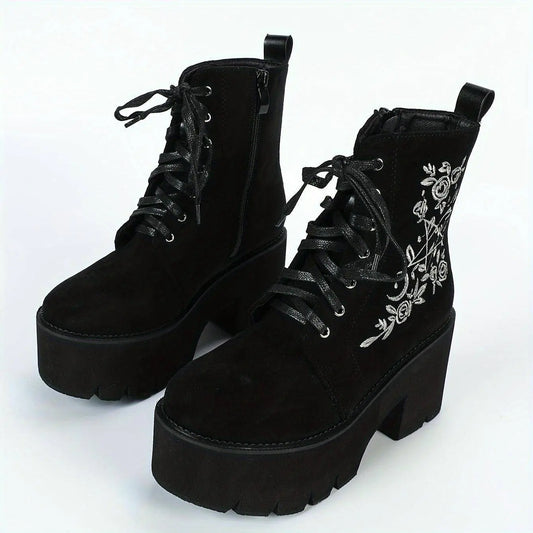 Women's Floral Embroidered Boots, Side Zipper Platform Punk Ankle Boots, Trendy Chunky Heel Casual Boots SS69
