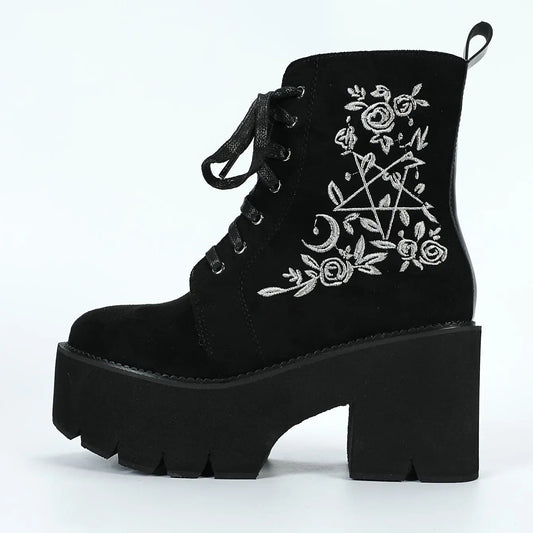 Women's Floral Embroidered Boots, Side Zipper Platform Punk Ankle Boots, Trendy Chunky Heel Casual Boots SS69 45.69 Black / CN43(EU43-43.5)