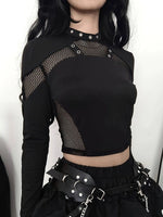 Women's Gothic Streetwear Hollow-Out Fishnet Design Long-Sleeve T-Shirt, Slim Fit Solid Color Crop Top, Athletic Style SS69