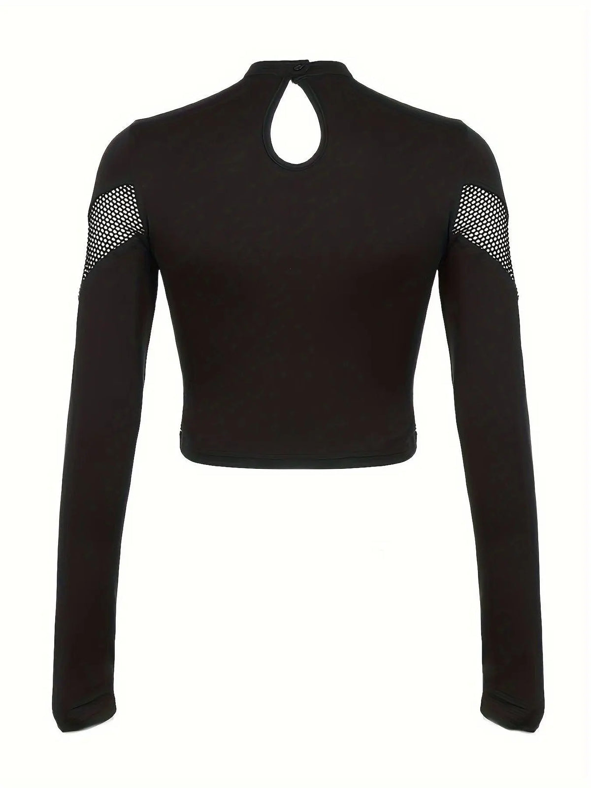 Women's Gothic Streetwear Hollow-Out Fishnet Design Long-Sleeve T-Shirt, Slim Fit Solid Color Crop Top, Athletic Style SS69