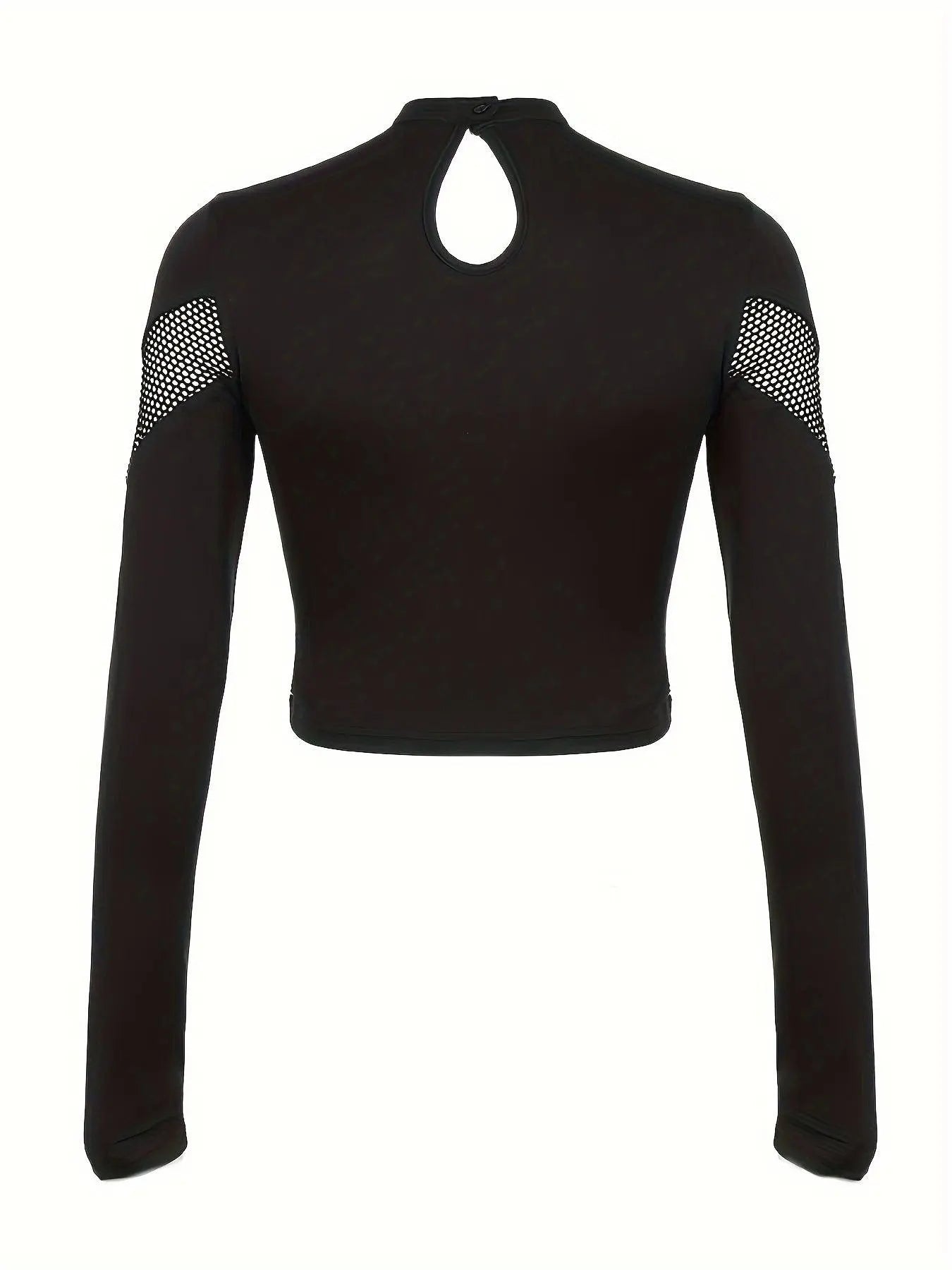 Women's Gothic Streetwear Hollow-Out Fishnet Design Long-Sleeve T-Shirt, Slim Fit Solid Color Crop Top, Athletic Style SS69