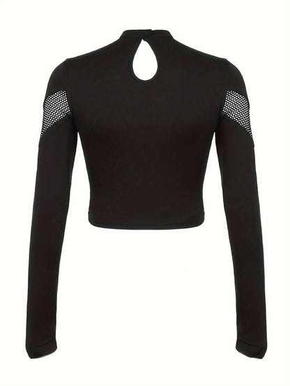 Women's Gothic Streetwear Hollow-Out Fishnet Design Long-Sleeve T-Shirt, Slim Fit Solid Color Crop Top, Athletic Style SS69