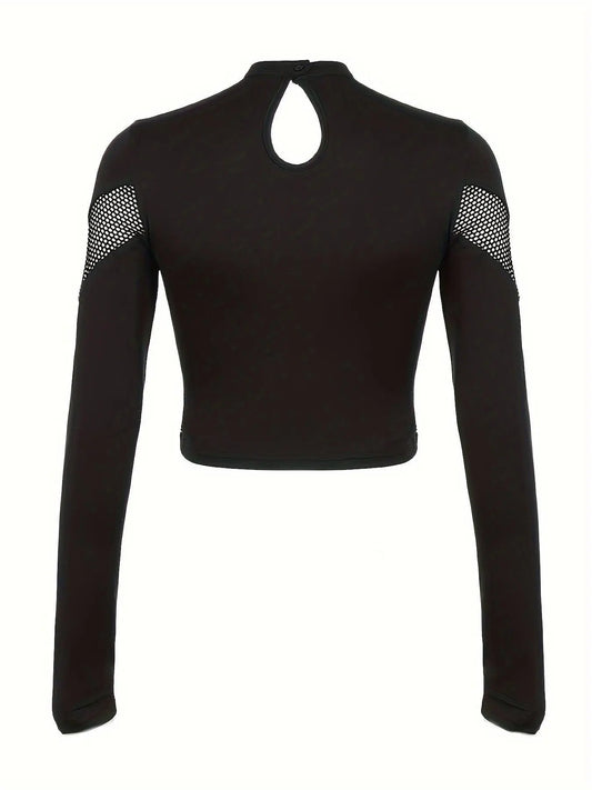 Women's Gothic Streetwear Hollow-Out Fishnet Design Long-Sleeve T-Shirt, Slim Fit Solid Color Crop Top, Athletic Style SS69