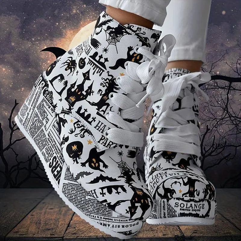 Women's Halloween Theme Boots, Lace Up Platform Lace Up Walking Shoes, High-top Wedge Winter Boots SS69