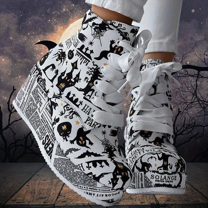 Women's Halloween Theme Boots, Lace Up Platform Lace Up Walking Shoes, High-top Wedge Winter Boots SS69