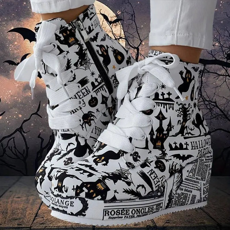 Women's Halloween Theme Boots, Lace Up Platform Lace Up Walking Shoes, High-top Wedge Winter Boots SS69