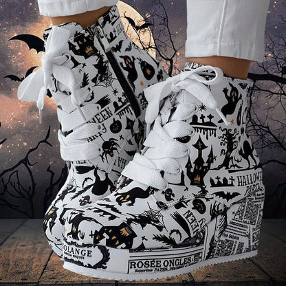 Women's Halloween Theme Boots, Lace Up Platform Lace Up Walking Shoes, High-top Wedge Winter Boots SS69