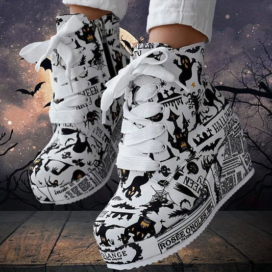 Women's Halloween Theme Boots, Lace Up Platform Lace Up Walking Shoes, High-top Wedge Winter Boots SS69