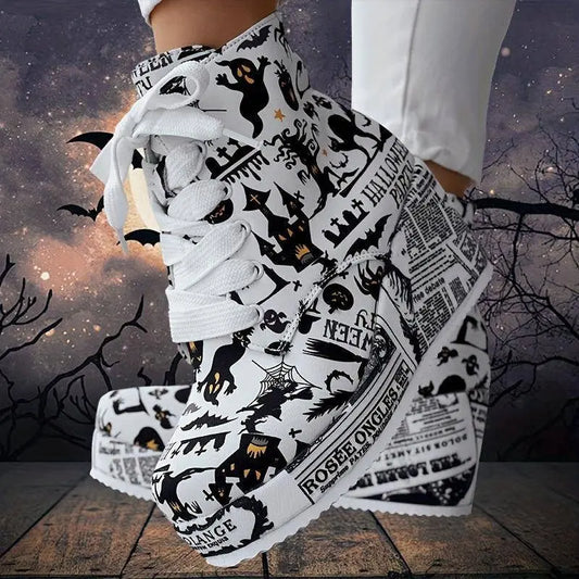 Women's Halloween Theme Boots, Lace Up Platform Lace Up Walking Shoes, High-top Wedge Winter Boots SS69