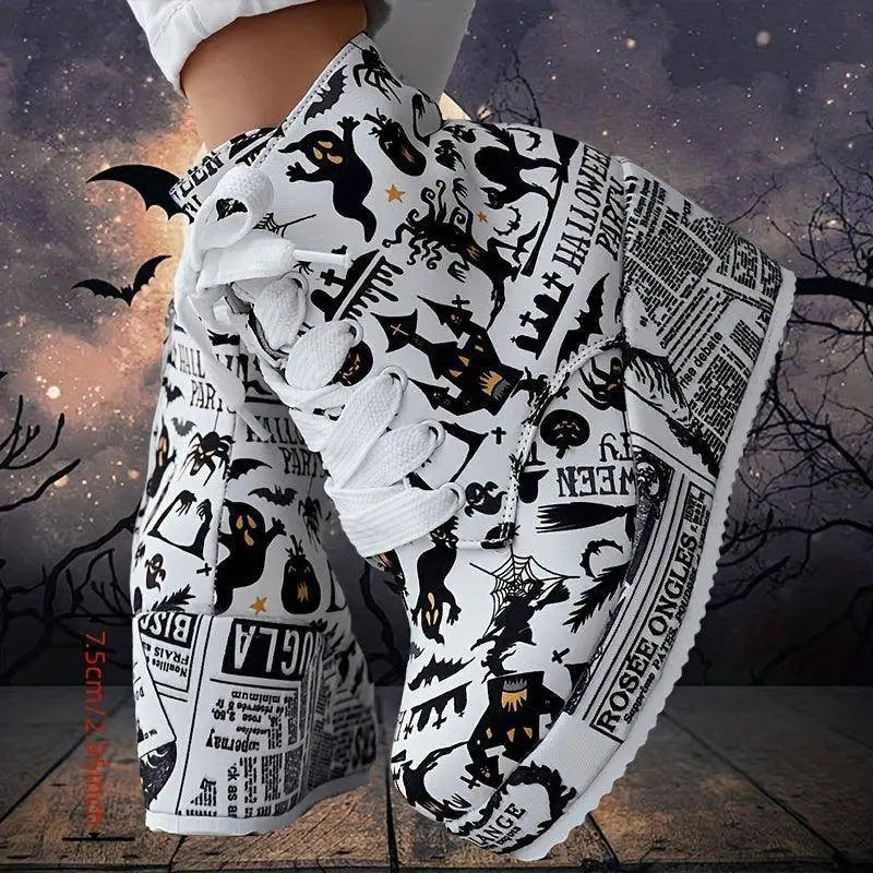 Women's Halloween Theme Boots, Lace Up Platform Lace Up Walking Shoes, High-top Wedge Winter Boots SS69