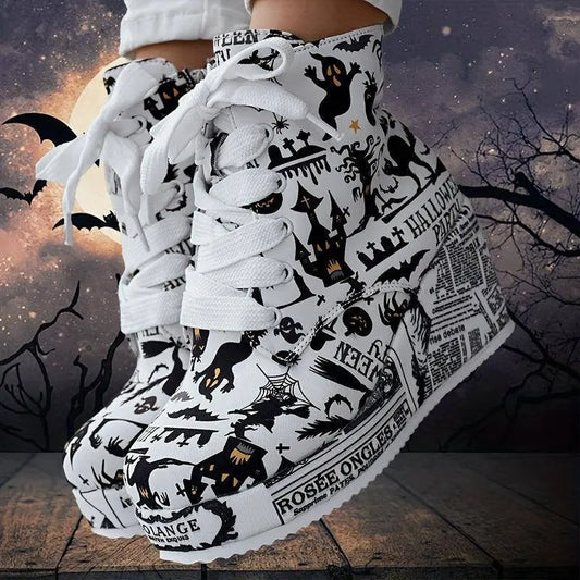 Women's Halloween Theme Boots, Lace Up Platform Lace Up Walking Shoes, High-top Wedge Winter Boots SS69