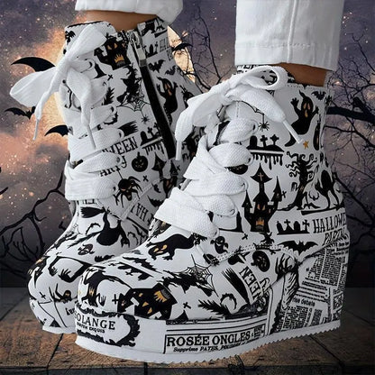 Women's Halloween Theme Boots, Lace Up Platform Lace Up Walking Shoes, High-top Wedge Winter Boots SS69