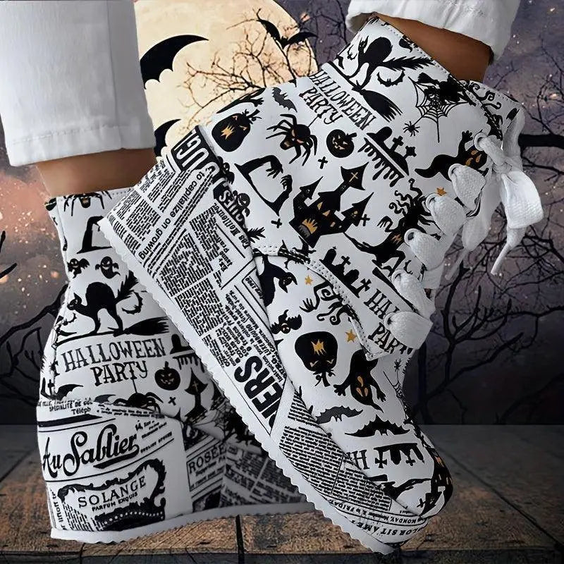 Women's Halloween Theme Boots, Lace Up Platform Lace Up Walking Shoes, High-top Wedge Winter Boots SS69