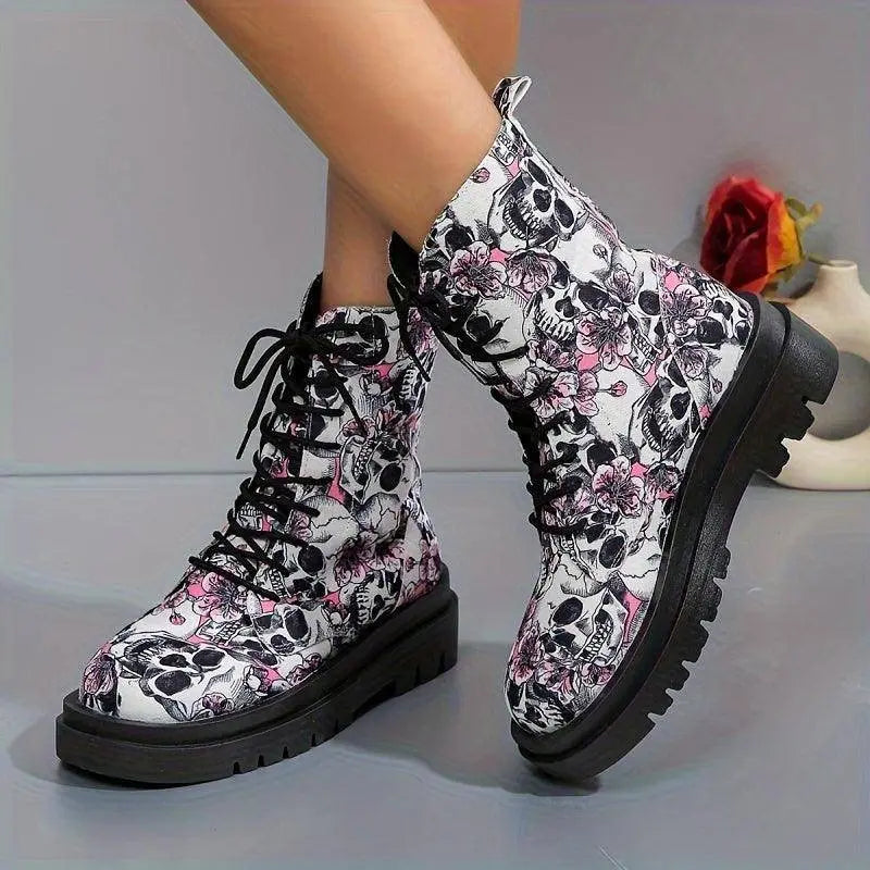 Women's Halloween Theme Boots, Lace Up Platform Soft Sole Chunky Heel Boots, Skull Print Comfort Winter Boots SS69