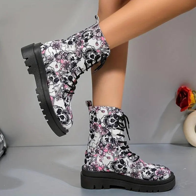 Women's Halloween Theme Boots, Lace Up Platform Soft Sole Chunky Heel Boots, Skull Print Comfort Winter Boots SS69