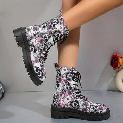 Women's Halloween Theme Boots, Lace Up Platform Soft Sole Chunky Heel Boots, Skull Print Comfort Winter Boots SS69