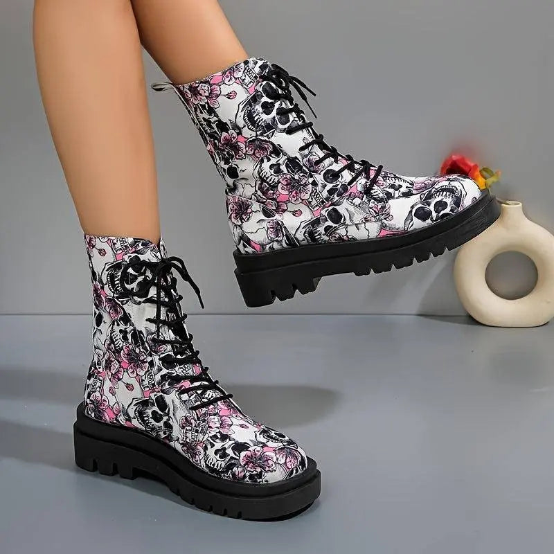Women's Halloween Theme Boots, Lace Up Platform Soft Sole Chunky Heel Boots, Skull Print Comfort Winter Boots SS69