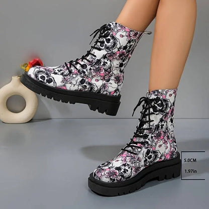 Women's Halloween Theme Boots, Lace Up Platform Soft Sole Chunky Heel Boots, Skull Print Comfort Winter Boots SS69