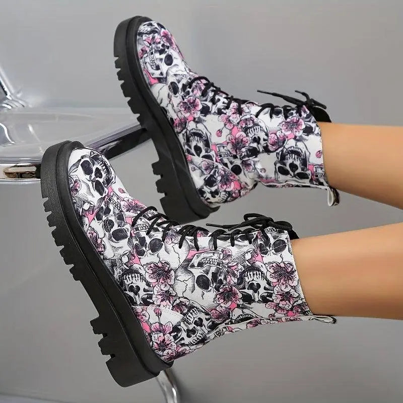 Women's Halloween Theme Boots, Lace Up Platform Soft Sole Chunky Heel Boots, Skull Print Comfort Winter Boots SS69