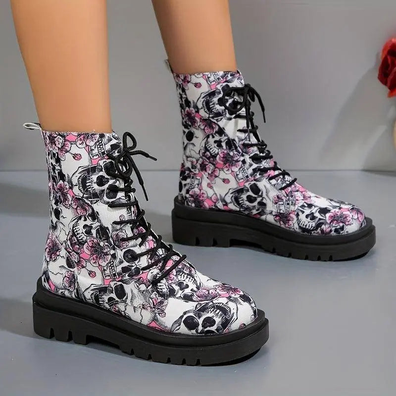 Women's Halloween Theme Boots, Lace Up Platform Soft Sole Chunky Heel Boots, Skull Print Comfort Winter Boots SS69