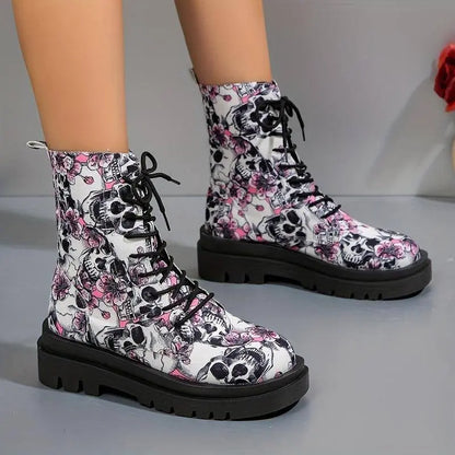 Women's Halloween Theme Boots, Lace Up Platform Soft Sole Chunky Heel Boots, Skull Print Comfort Winter Boots SS69