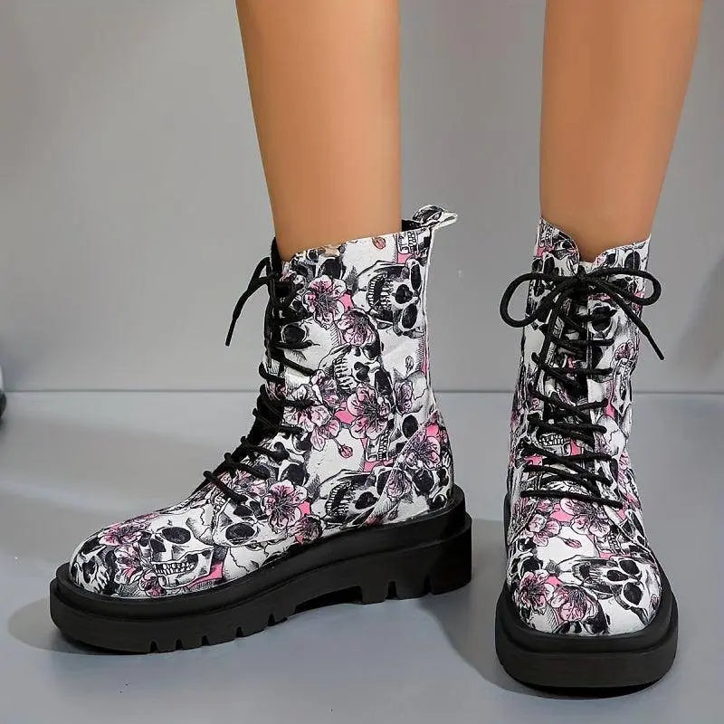Women's Halloween Theme Boots, Lace Up Platform Soft Sole Chunky Heel Boots, Skull Print Comfort Winter Boots SS69
