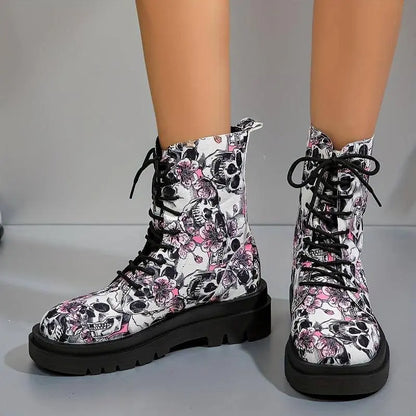 Women's Halloween Theme Boots, Lace Up Platform Soft Sole Chunky Heel Boots, Skull Print Comfort Winter Boots SS69