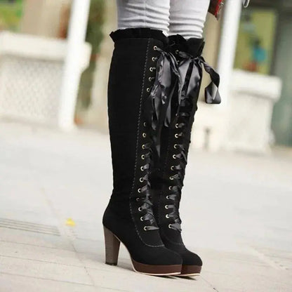 Women's High Boots 2025 Autumn Winter Sexy Lace Up Knee-high Boot Female Shoes Boots Women High Heels Leather Woman Boot - SS69