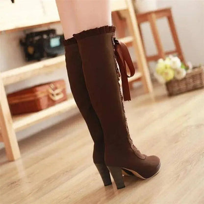 Women's High Boots 2025 Autumn Winter Sexy Lace Up Knee-high Boot Female Shoes Boots Women High Heels Leather Woman Boot - SS69