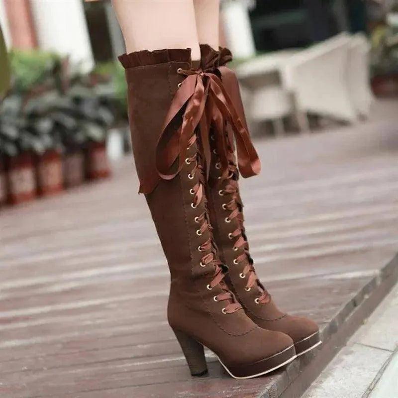 Women's High Boots 2025 Autumn Winter Sexy Lace Up Knee-high Boot Female Shoes Boots Women High Heels Leather Woman Boot - SS69