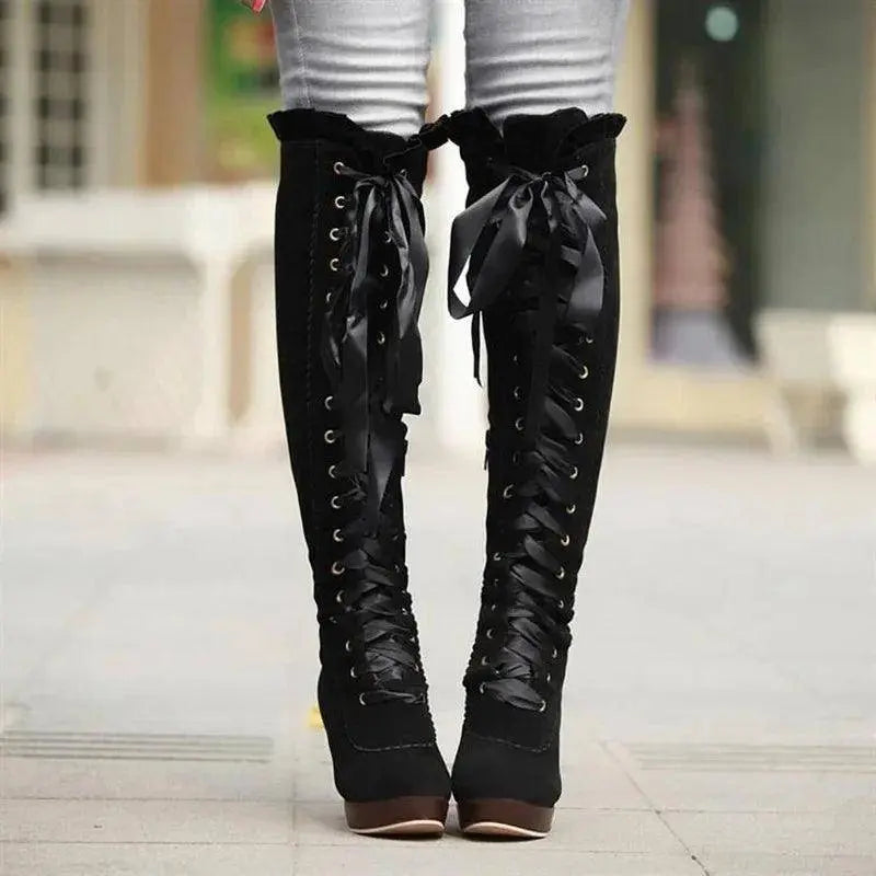 Women's High Boots 2025 Autumn Winter Sexy Lace Up Knee-high Boot Female Shoes Boots Women High Heels Leather Woman Boot - SS69