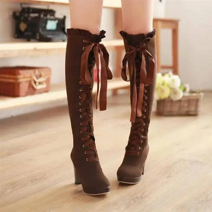 Women's High Boots 2025 Autumn Winter Sexy Lace Up Knee-high Boot Female Shoes Boots Women High Heels Leather Woman Boot - SS69