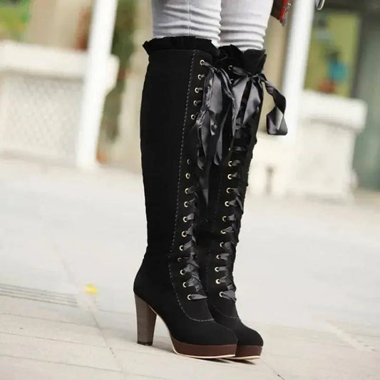 Women's High Boots 2025 Autumn Winter Sexy Lace Up Knee-high Boot Female Shoes Boots Women High Heels Leather Woman Boot - SS69