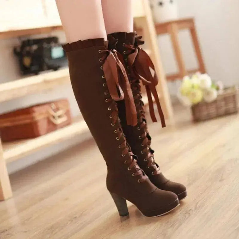 Women's High Boots 2025 Autumn Winter Sexy Lace Up Knee-high Boot Female Shoes Boots Women High Heels Leather Woman Boot - SS69